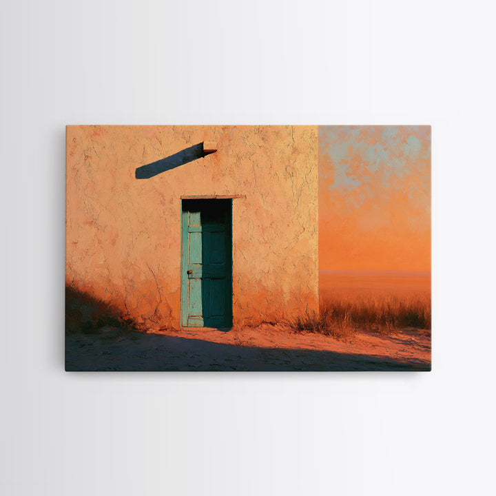 Adobe Doorway with Turquoise Shadow Framed Canvas Print, Desert Art, Nature Wall Art, Southwestern Decor, Oil Painting, Desert, DES-3x2-9