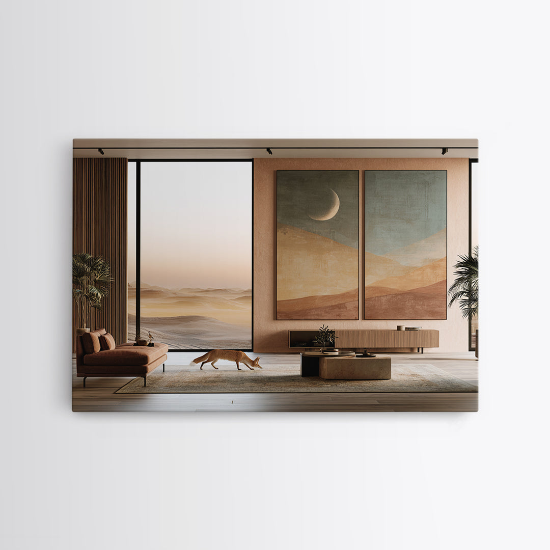 Desert Fox Beneath a Crescent Moon Canvas Print, Desert Art, Southwestern Decor, Oil Painting, Desert, Living Room Decor, DES-3x2-93
