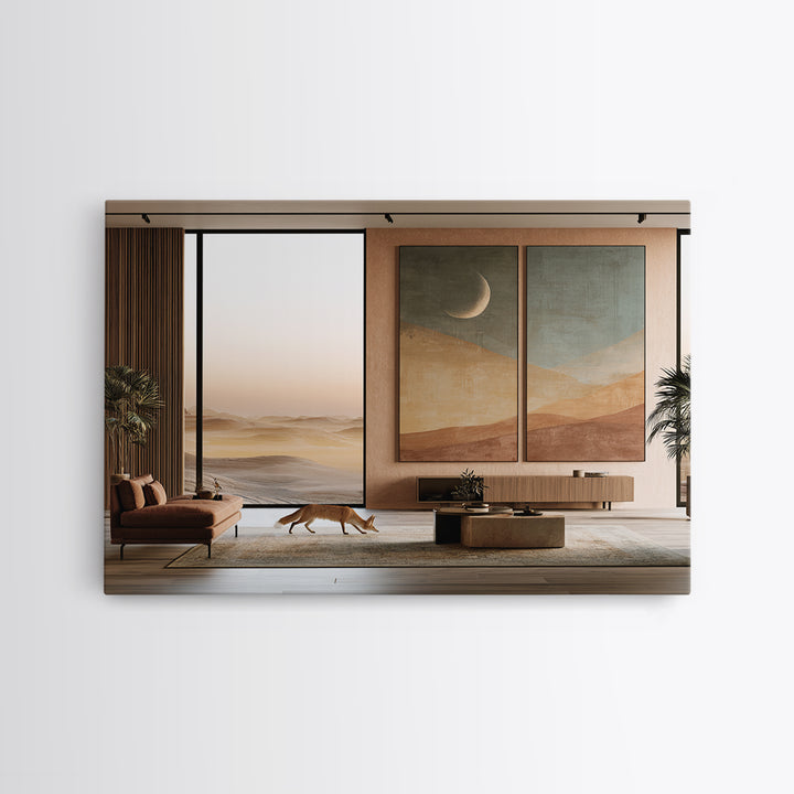 Desert Fox Beneath a Crescent Moon Canvas Print, Desert Art, Southwestern Decor, Oil Painting, Desert, Living Room Decor, DES-3x2-93