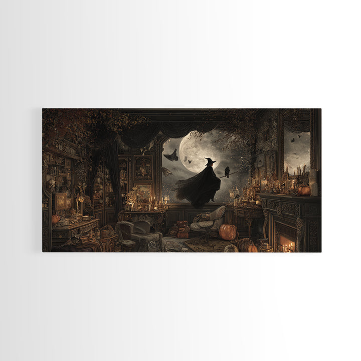The Moonlit Witch, Wide Panoramic Art, Haunted Gothic Art, Framed Canvas Print, Halloween Wall Decor, Gothic Home Decor, Halloween Wall Art