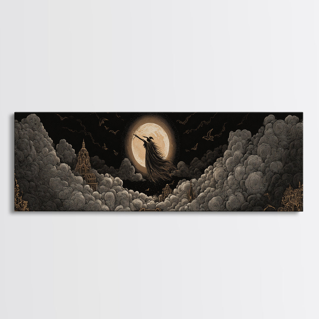 The Moonlit Witch, Extra Wide Wall Art, Dark Fantasy Wall Art, Canvas Print, Halloween Wall Decor, Gothic Home Decor, Spooky Wall Decor