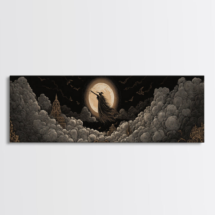 The Moonlit Witch, Extra Wide Wall Art, Dark Fantasy Wall Art, Canvas Print, Halloween Wall Decor, Gothic Home Decor, Spooky Wall Decor