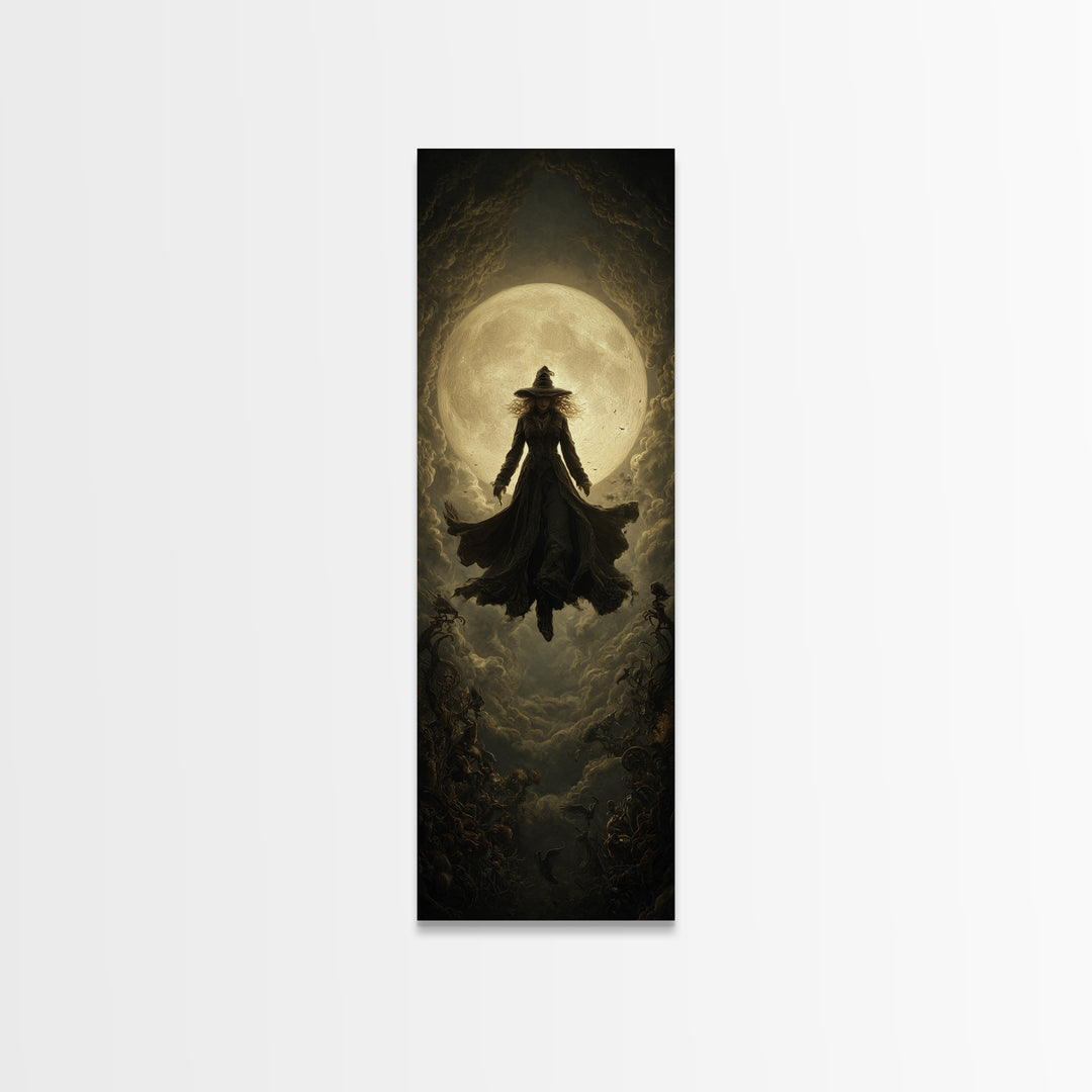 The Moonlit Witch, Tall Narrow Wall Art, Macabre Wall Art, Framed Canvas Print, Halloween Wall Decor, Gothic Home Decor, Halloween Wall Art