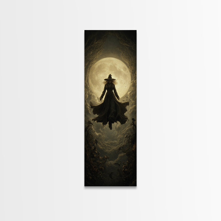 The Moonlit Witch, Tall Narrow Wall Art, Macabre Wall Art, Framed Canvas Print, Halloween Wall Decor, Gothic Home Decor, Halloween Wall Art