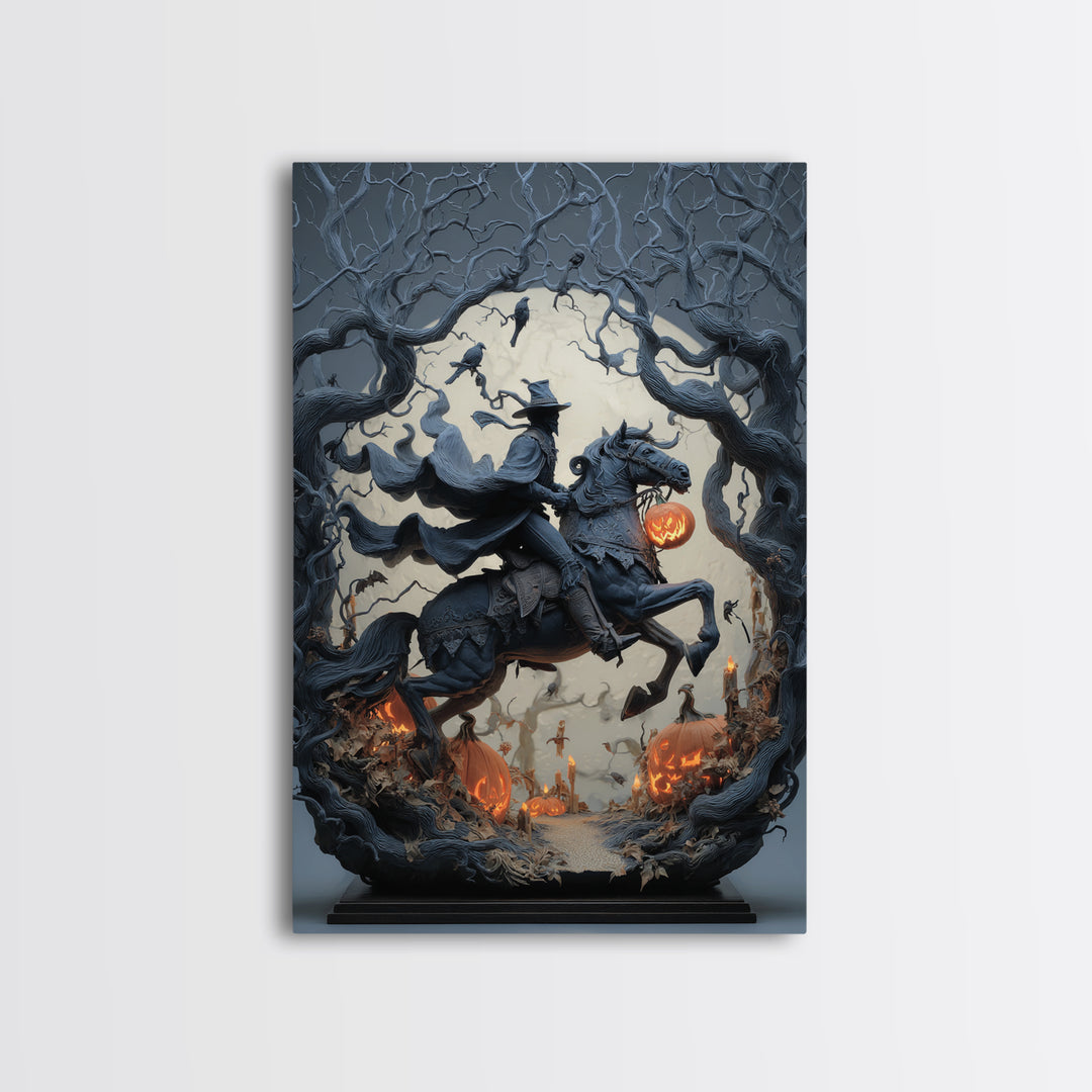 The Headless Horseman, Vertical Wall Art, Macabre Wall Art, Framed Canvas Print, Halloween Wall Decor, Gothic Home Decor, Statement Wall Art
