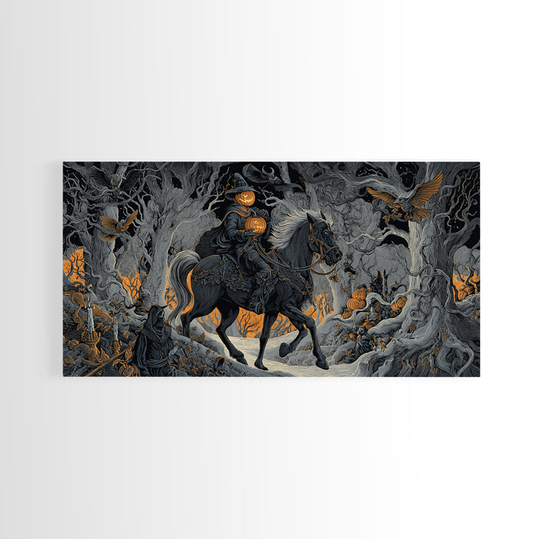 The Headless Horseman, Wide Panoramic Art, Dark Halloween Decor, Canvas Print, Halloween Wall Decor, Gothic Home Decor, Dark Fantasy Art