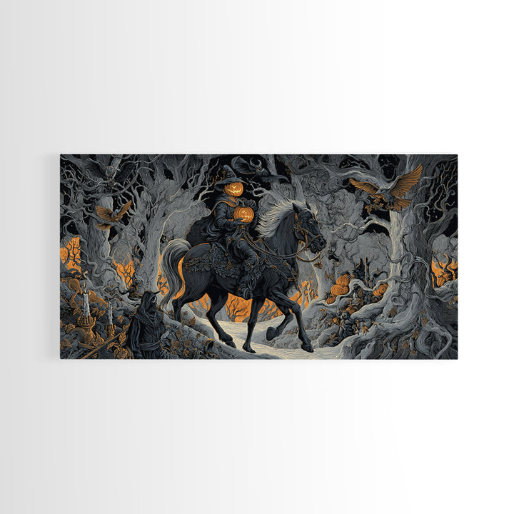 The Headless Horseman, Wide Panoramic Art, Dark Halloween Decor, Canvas Print, Halloween Wall Decor, Gothic Home Decor, Dark Fantasy Art