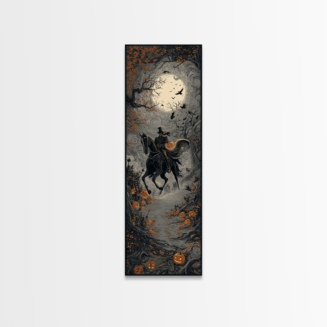 The Headless Horseman, Tall Narrow Wall Art, Haunted Gothic Art, Framed Canvas Print, Halloween Wall Decor, Gothic Home Decor