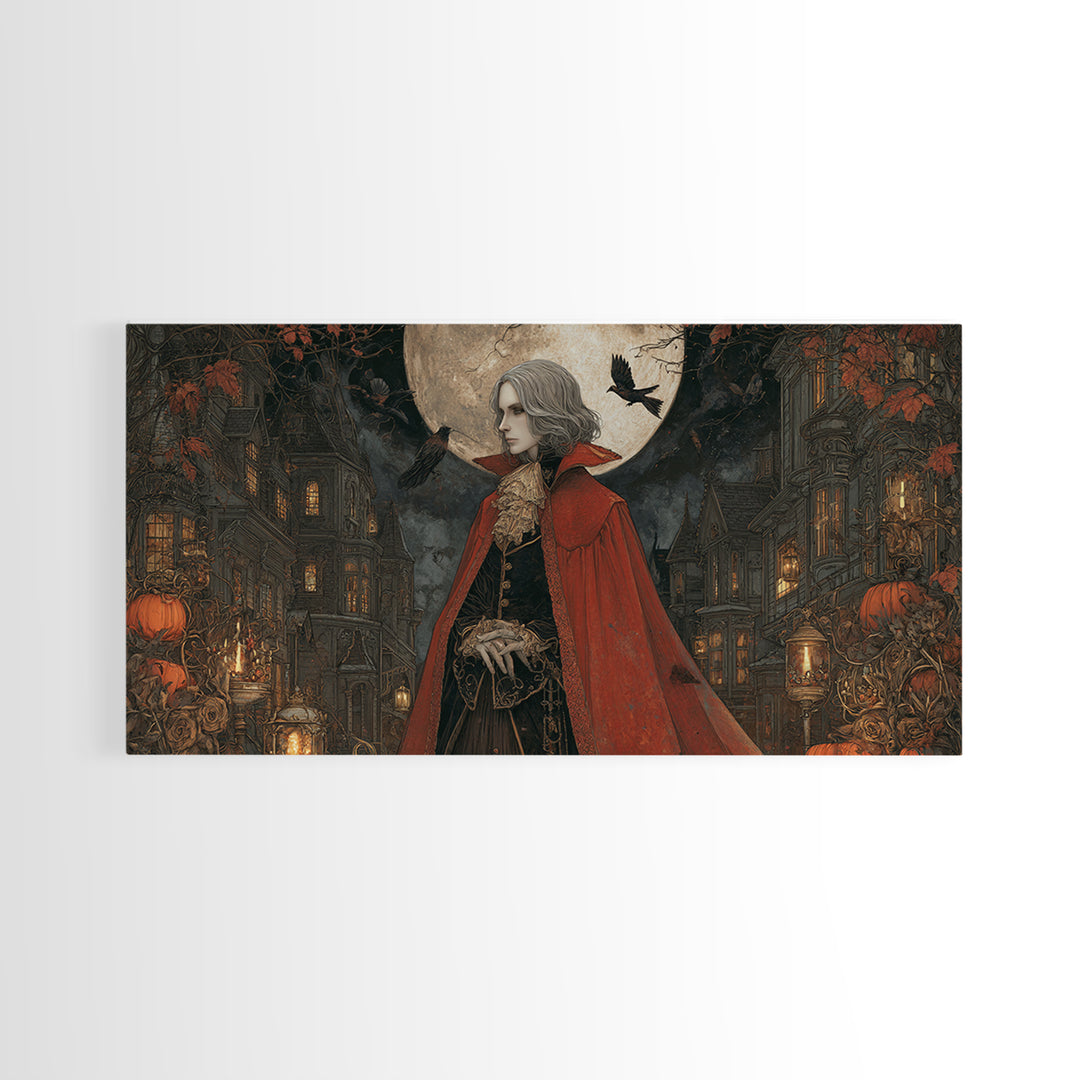 The Crimson Vampire, Wide Panoramic Art, Haunted Gothic Art, Framed Canvas Print, Halloween Wall Decor, Gothic Home Decor, Spooky Wall Decor