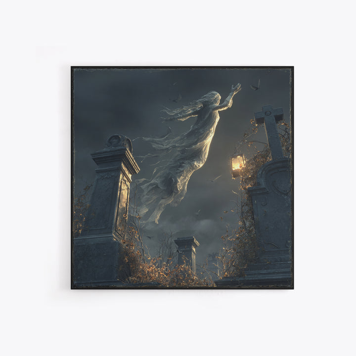 The Graveyard Ghost, Square Wall Art, Haunted Gothic Art, Framed Canvas Print, Halloween Wall Decor, Gothic Home Decor, Spooky Wall Decor