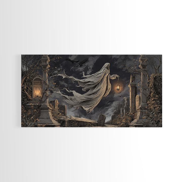 The Graveyard Ghost, Wide Panoramic Art, Gothic Horror Wall Art, Framed Canvas Print, Halloween Wall Decor, Gothic Home Decor