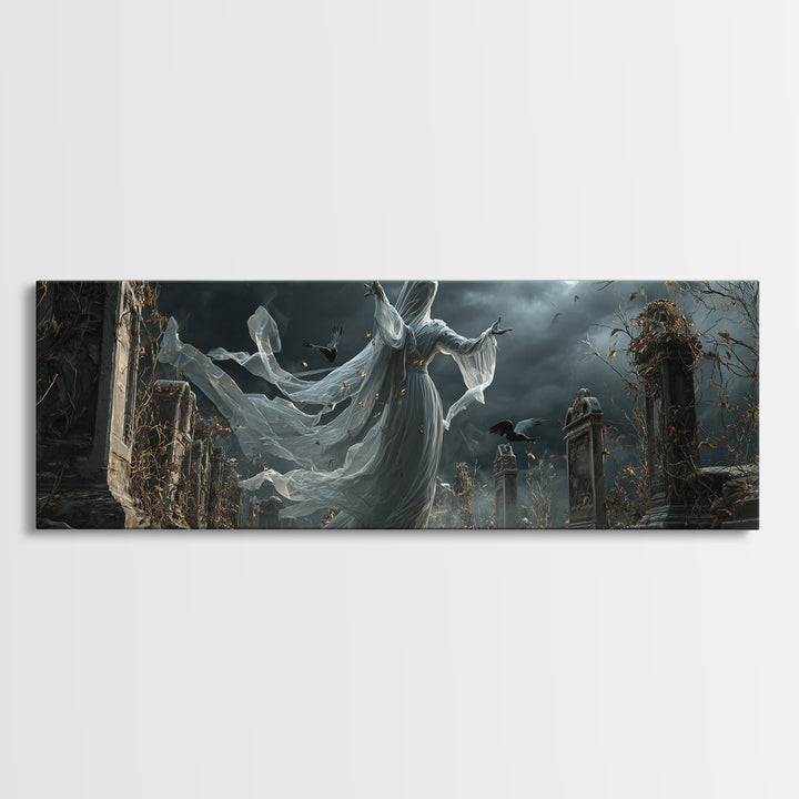 The Graveyard Ghost, Extra Wide Wall Art, Macabre Wall Art, Framed Canvas Print, Halloween Wall Decor, Gothic Home Decor