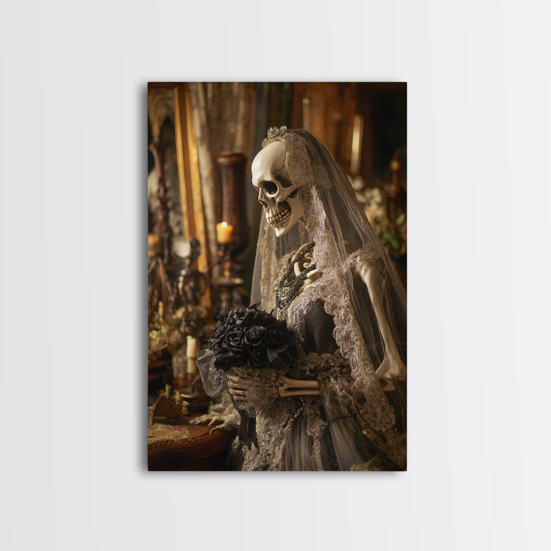 The Skeletal Bride, Vertical Wall Art, Macabre Wall Art, Framed Canvas Print, Halloween Wall Decor, Gothic Home Decor, Spooky Wall Decor