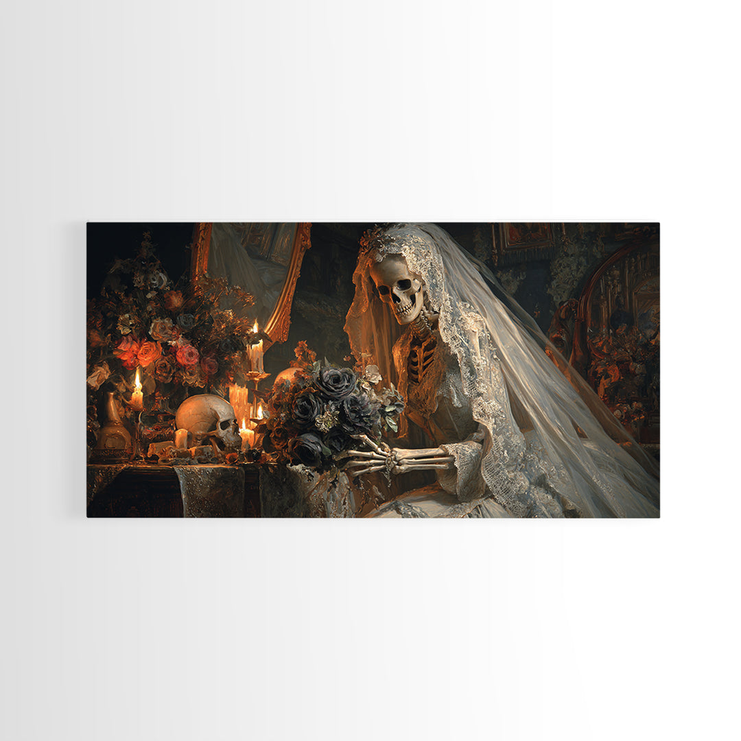 The Skeletal Bride, Wide Panoramic Art, Haunted Gothic Art, Framed Canvas Print, Halloween Wall Decor, Gothic Home Decor, Dark Fantasy Art