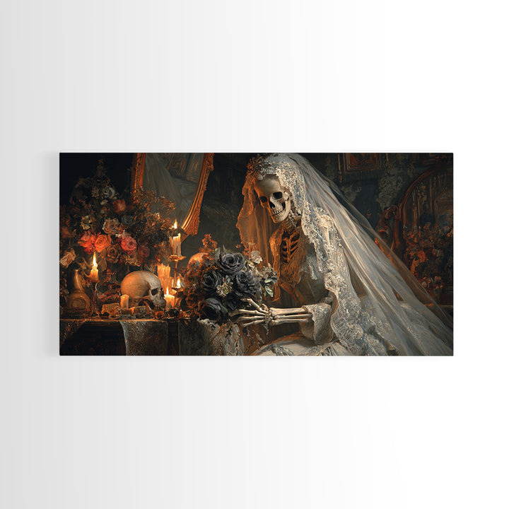 The Skeletal Bride, Wide Panoramic Art, Haunted Gothic Art, Framed Canvas Print, Halloween Wall Decor, Gothic Home Decor, Dark Fantasy Art