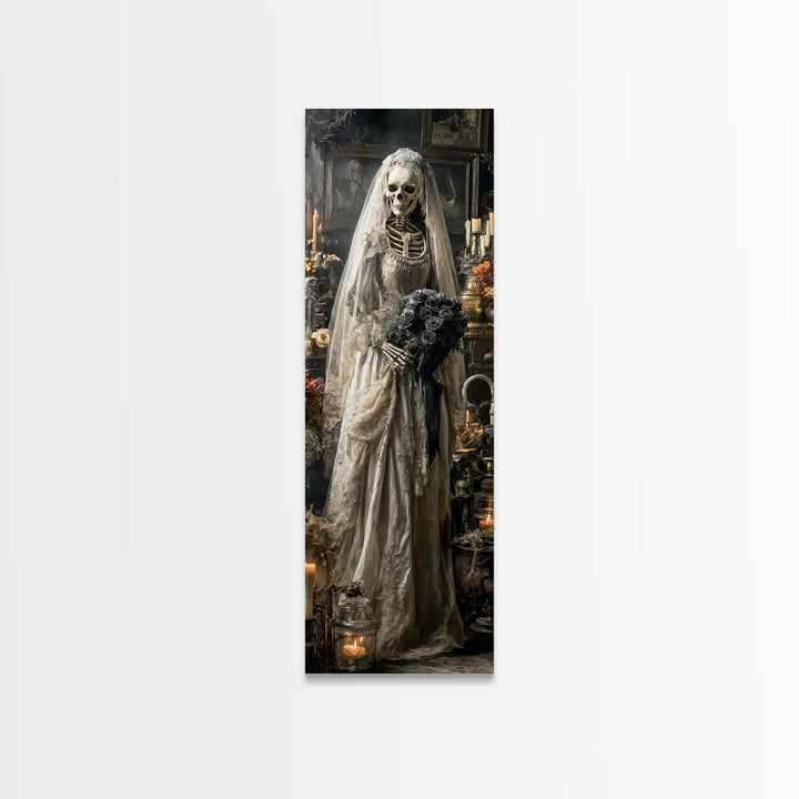 The Skeletal Bride, Tall Narrow Wall Art, Macabre Wall Art, Framed Canvas Print, Halloween Wall Decor, Gothic Home Decor, Halloween Decor