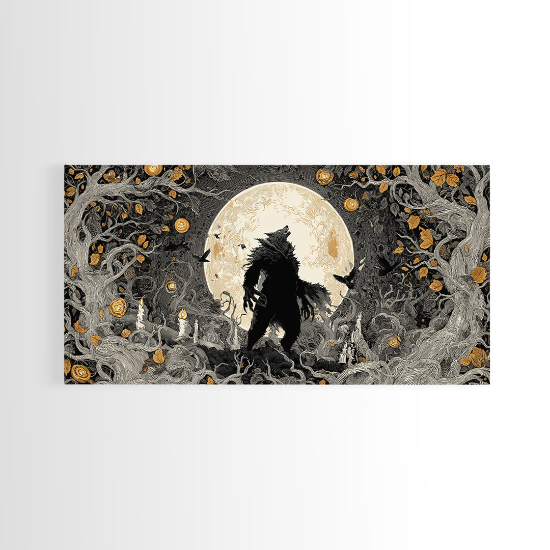 The Moon-Cursed Werewolf, Wide Panoramic Art, Macabre Wall Art, Framed Canvas Print, Halloween Wall Decor, Gothic Home Decor
