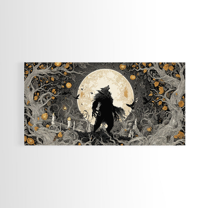 The Moon-Cursed Werewolf, Wide Panoramic Art, Macabre Wall Art, Framed Canvas Print, Halloween Wall Decor, Gothic Home Decor