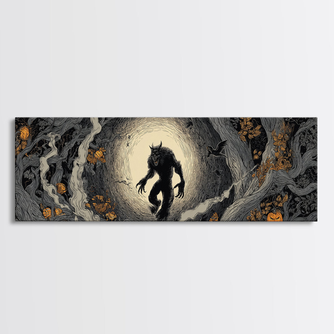 The Moon-Cursed Werewolf, Extra Wide Wall Art, Spooky Home Decor, Canvas Print, Halloween Wall Decor, Gothic Home Decor, Horror Wall Art