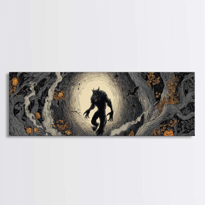 The Moon-Cursed Werewolf, Extra Wide Wall Art, Spooky Home Decor, Canvas Print, Halloween Wall Decor, Gothic Home Decor, Horror Wall Art