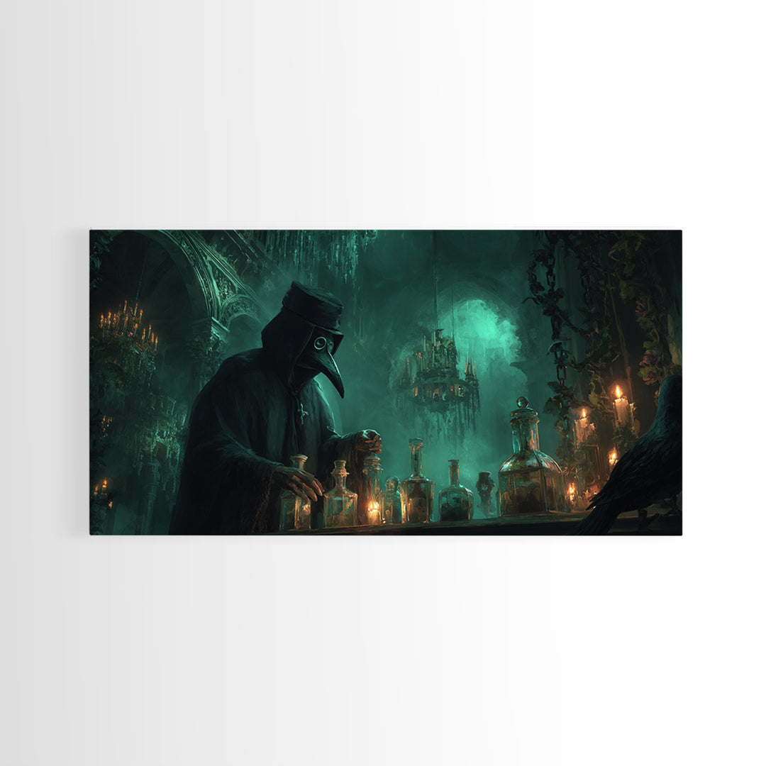 The Plague Doctor, Wide Panoramic Art, Macabre Wall Art, Framed Canvas Print, Halloween Wall Decor, Gothic Home Decor, Halloween Wall Art