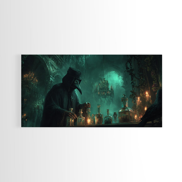 The Plague Doctor, Wide Panoramic Art, Macabre Wall Art, Framed Canvas Print, Halloween Wall Decor, Gothic Home Decor, Halloween Wall Art