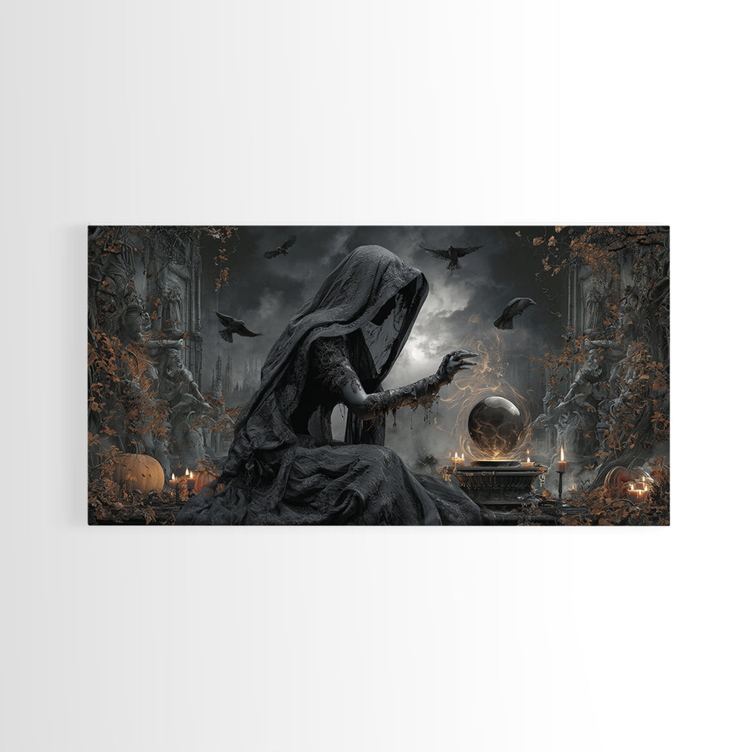 The Midnight Fortune Teller, Wide Panoramic Art, Macabre Wall Art, Framed Canvas Print, Halloween Wall Decor, Gothic Home Decor