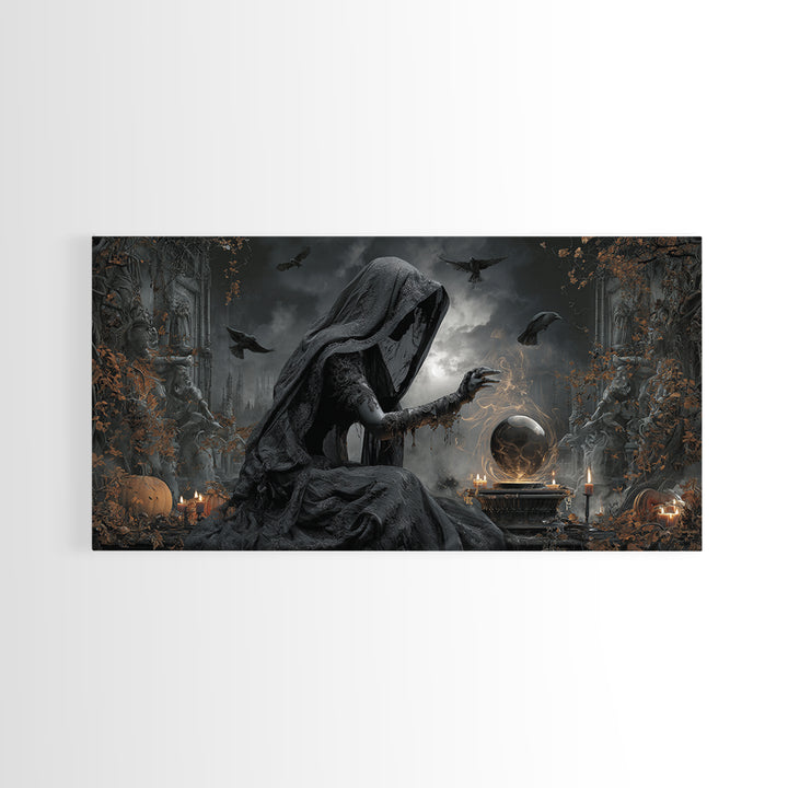 The Midnight Fortune Teller, Wide Panoramic Art, Macabre Wall Art, Framed Canvas Print, Halloween Wall Decor, Gothic Home Decor