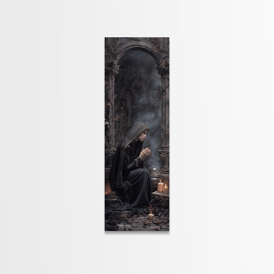 The Midnight Fortune Teller, Tall Narrow Wall Art, Dark Fantasy Wall Art, Canvas Print, Halloween Wall Decor, Gothic Home Decor