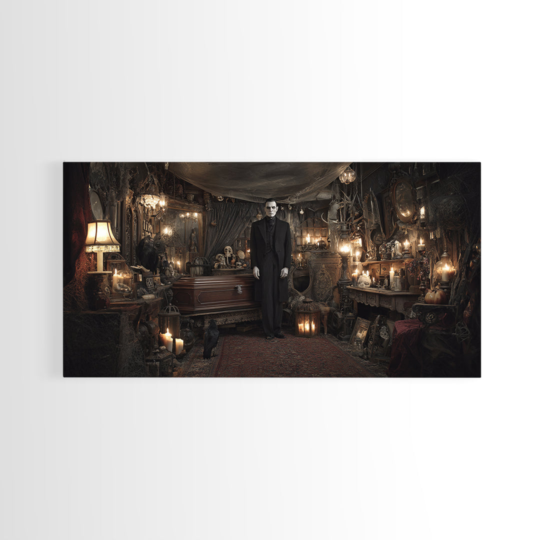 The Sinister Undertaker, Wide Panoramic Art, Dark Fantasy Wall Art, Canvas Print, Halloween Wall Decor, Gothic Home Decor