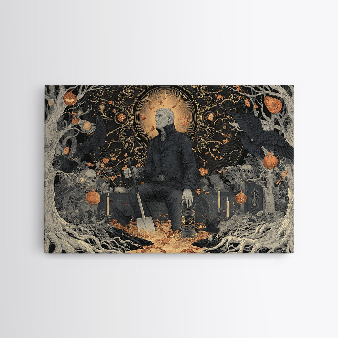 The Lantern Gravedigger, Landscape Wall Art, Gothic Horror Wall Art, Framed Canvas Print, Halloween Wall Decor, Gothic Home Decor
