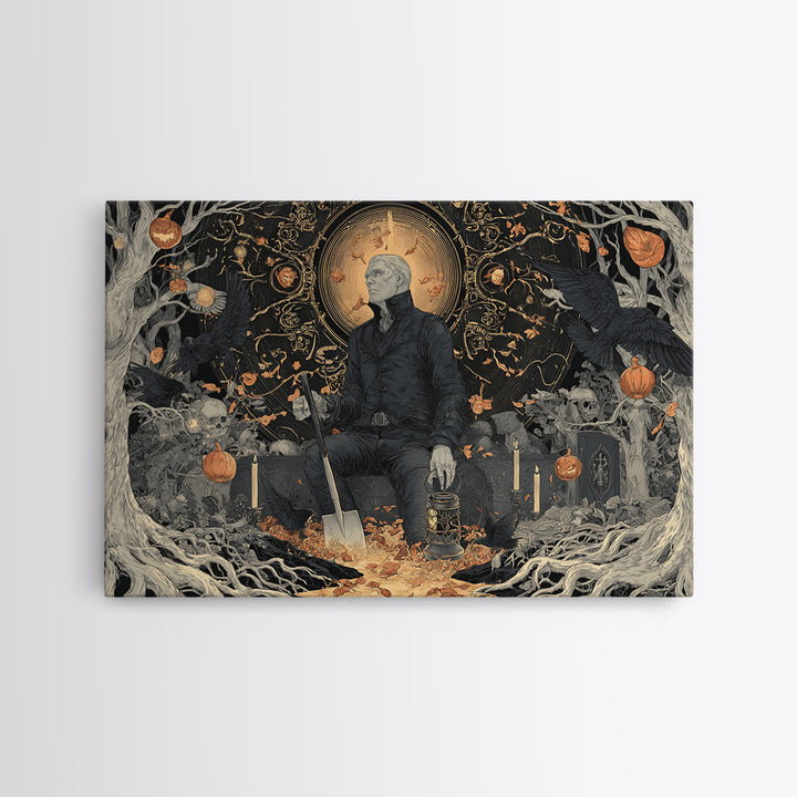 The Lantern Gravedigger, Landscape Wall Art, Gothic Horror Wall Art, Framed Canvas Print, Halloween Wall Decor, Gothic Home Decor