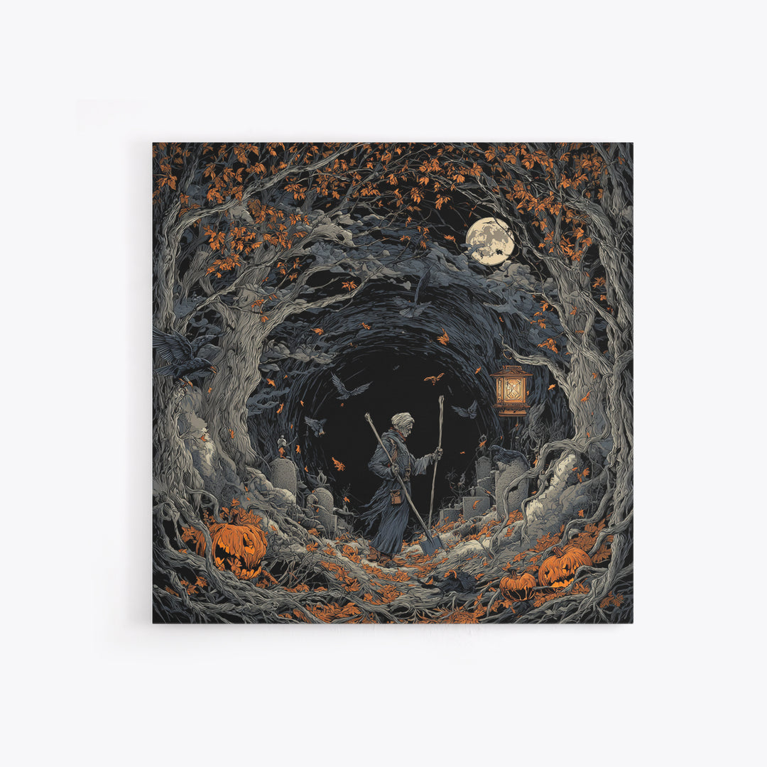 The Lantern Gravedigger, Square Wall Art, Dark Halloween Decor, Canvas Print, Halloween Wall Decor, Gothic Home Decor, Spooky Wall Decor