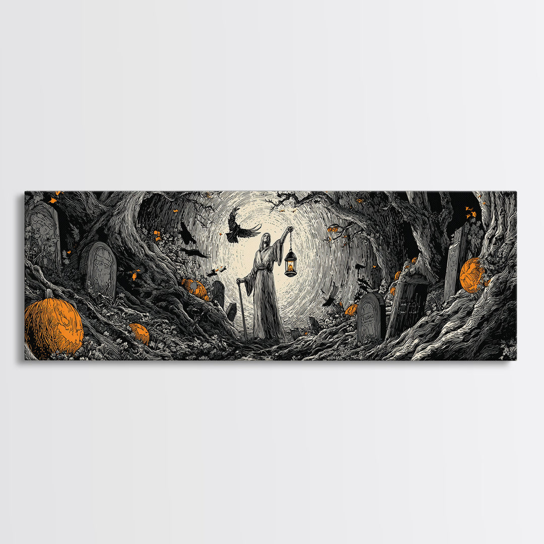 The Lantern Gravedigger, Extra Wide Wall Art, Gothic Horror Wall Art, Framed Canvas Print, Halloween Wall Decor, Gothic Home Decor