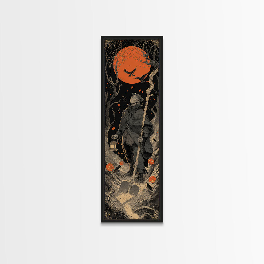 The Lantern Gravedigger, Tall Narrow Wall Art, Macabre Wall Art, Framed Canvas Print, Halloween Wall Decor, Gothic Home Decor