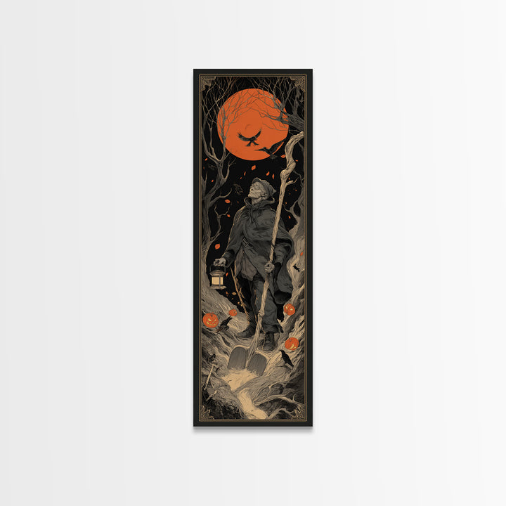 The Lantern Gravedigger, Tall Narrow Wall Art, Macabre Wall Art, Framed Canvas Print, Halloween Wall Decor, Gothic Home Decor