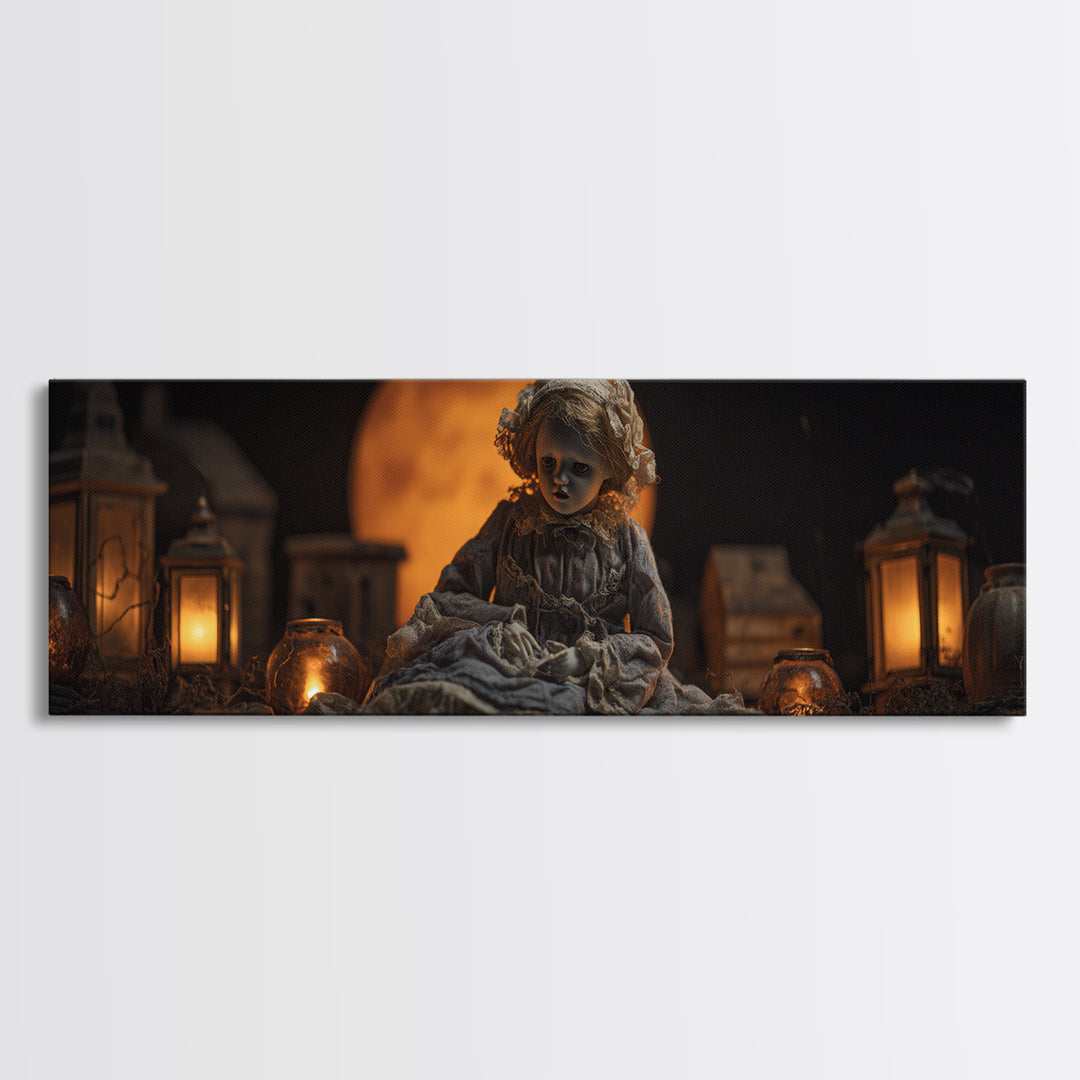 The Haunted Porcelain Doll, Extra Wide Wall Art, Macabre Wall Art, Framed Canvas Print, Halloween Wall Decor, Gothic Home Decor