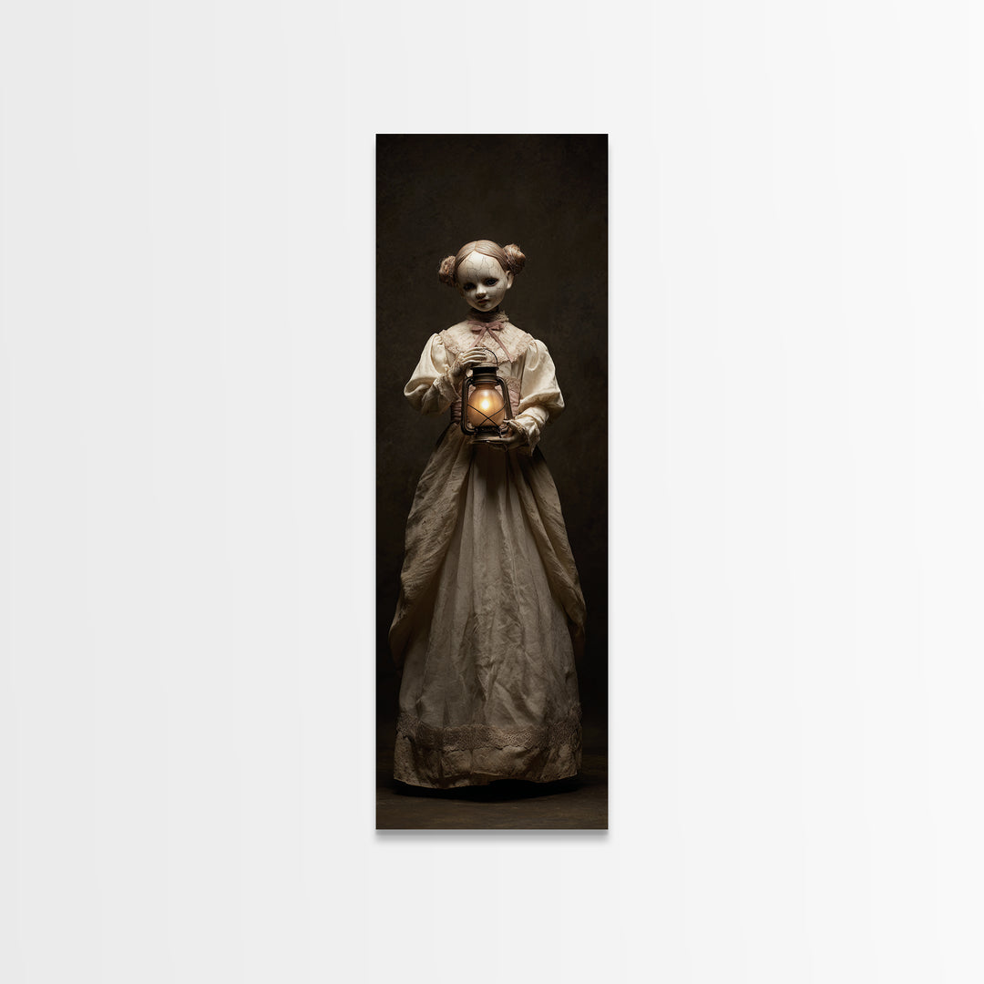 The Haunted Porcelain Doll, Tall Narrow Wall Art, Macabre Wall Art, Framed Canvas Print, Halloween Wall Decor, Gothic Home Decor