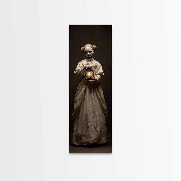 The Haunted Porcelain Doll, Tall Narrow Wall Art, Macabre Wall Art, Framed Canvas Print, Halloween Wall Decor, Gothic Home Decor