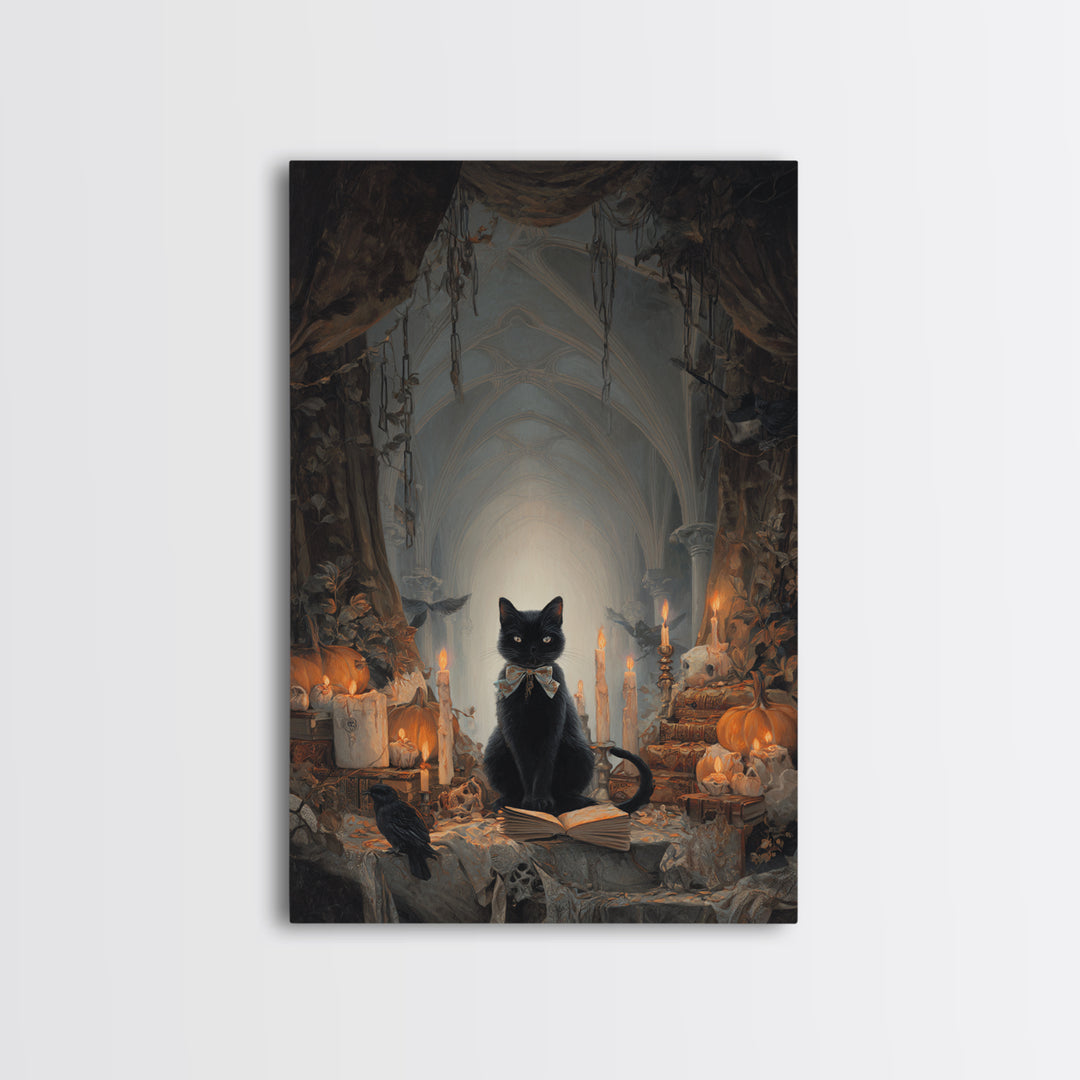 The Black Cat Familiar, Vertical Wall Art, Gothic Horror Wall Art, Framed Canvas Print, Halloween Wall Decor, Gothic Home Decor