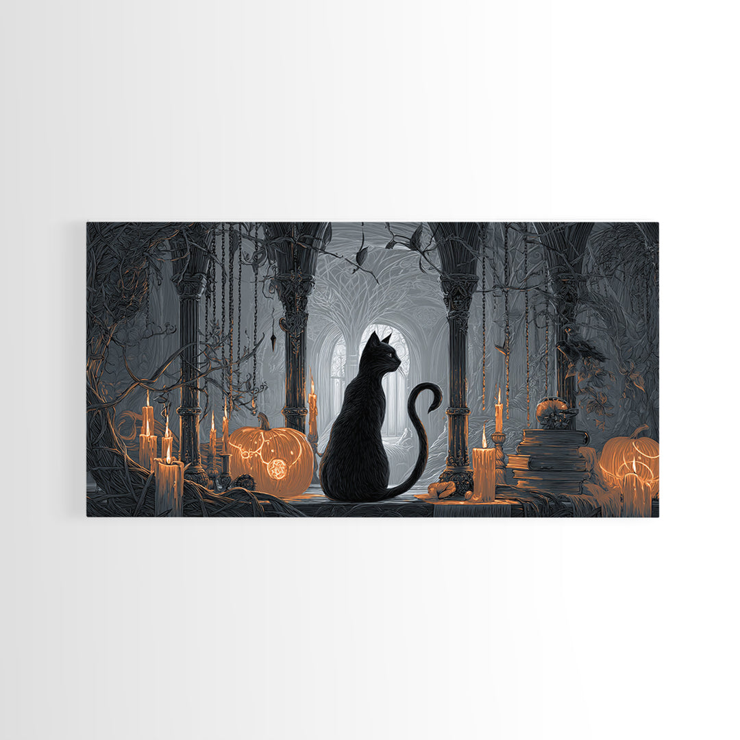 The Black Cat Familiar, Wide Panoramic Art, Haunted Gothic Art, Framed Canvas Print, Halloween Wall Decor, Gothic Home Decor