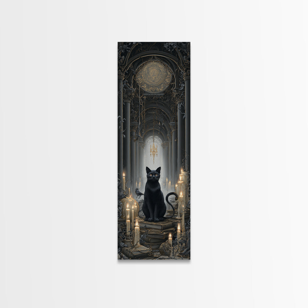 The Black Cat Familiar, Tall Narrow Wall Art, Dark Fantasy Wall Art, Canvas Print, Halloween Wall Decor, Gothic Home Decor