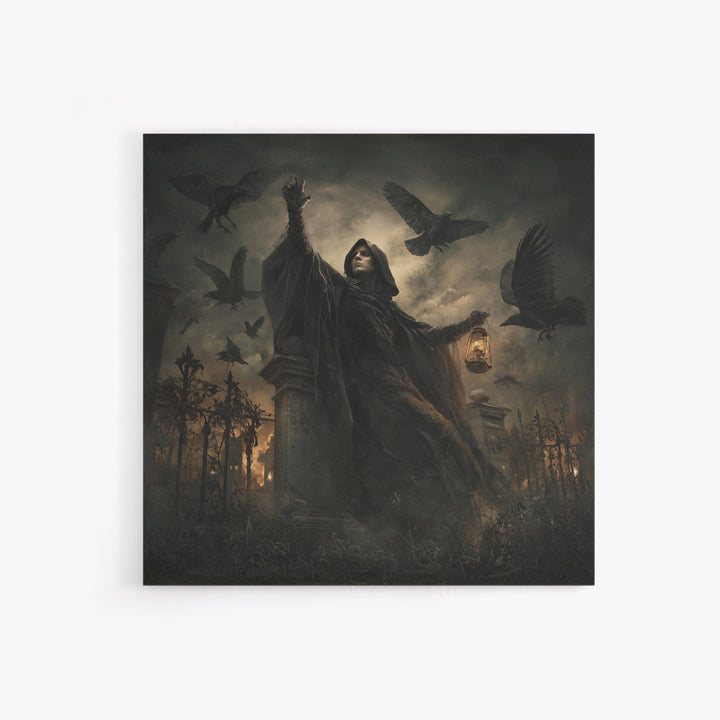 The Raven Keeper, Square Wall Art, Macabre Wall Art, Framed Canvas Print, Halloween Wall Decor, Gothic Home Decor, Halloween Wall Art