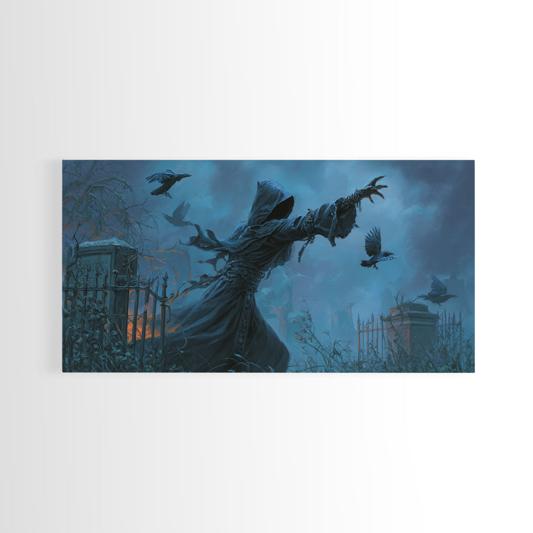 The Raven Keeper, Wide Panoramic Art, Dark Halloween Decor, Canvas Print, Halloween Wall Decor, Gothic Home Decor, Horror Wall Art