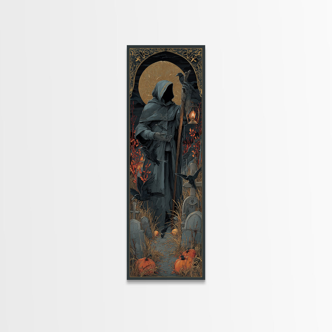 The Raven Keeper, Tall Narrow Wall Art, Haunted Gothic Art, Framed Canvas Print, Halloween Wall Decor, Gothic Home Decor, Halloween Wall Art