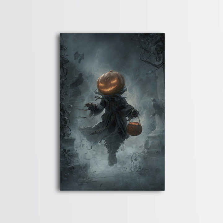 The Pumpkin-Headed Child, Vertical Wall Art, Haunted Gothic Art, Framed Canvas Print, Halloween Wall Decor, Gothic Home Decor