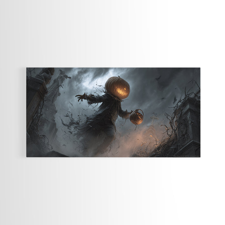 The Pumpkin-Headed Child, Wide Panoramic Art, Gothic Horror Wall Art, Framed Canvas Print, Halloween Wall Decor, Gothic Home Decor
