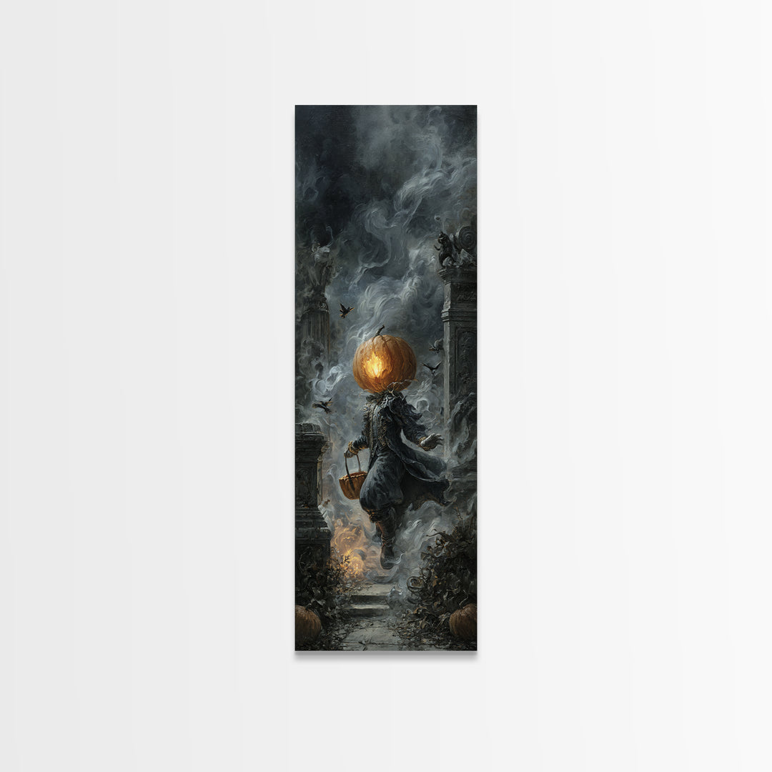 The Pumpkin-Headed Child, Tall Narrow Wall Art, Haunted Gothic Art, Framed Canvas Print, Halloween Wall Decor, Gothic Home Decor
