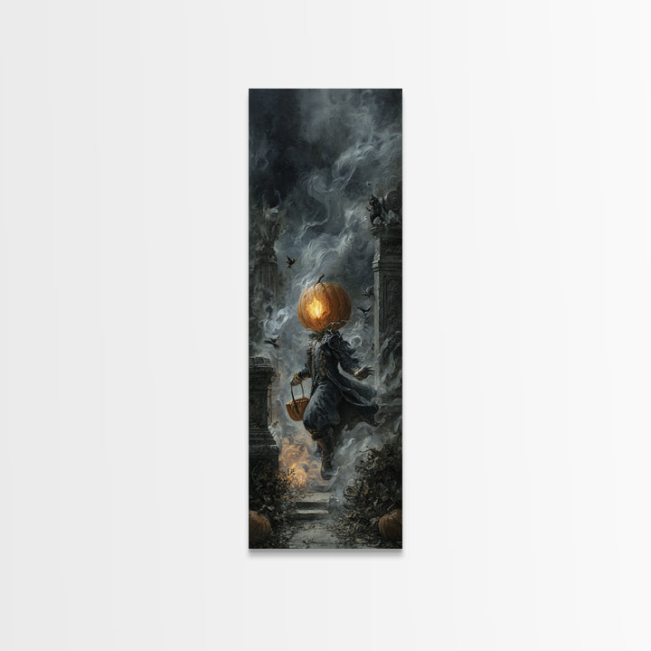 The Pumpkin-Headed Child, Tall Narrow Wall Art, Haunted Gothic Art, Framed Canvas Print, Halloween Wall Decor, Gothic Home Decor