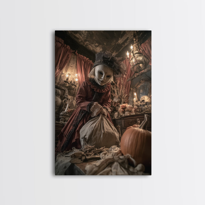 The Masked Candy Collector, Vertical Wall Art, Spooky Home Decor, Canvas Print, Halloween Wall Decor, Gothic Home Decor, Spooky Wall Decor